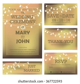 gold wedding invitation, RSVP, and Thank you card  templates,light and tree concept. can be use for party invitation, banner, web page design element or holiday greeting card. vector illustration