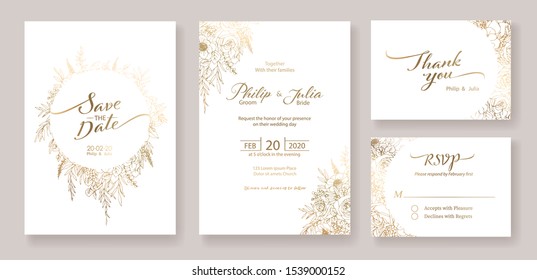Gold Wedding Invitation, save the date, thank you, rsvp card Design template. Vector. winter flower, Rose, silver dollar, olive leaves, Wax flower, Anemone.