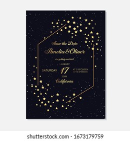 Gold Wedding Invitation, save the date, thank you, rsvp card Design template.  Magic night dark blue sky with sparkling stars vector wedding invitation. Luxury wedding invitation cards with gold stars