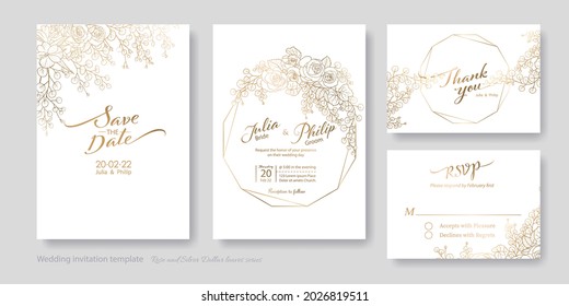 Gold Wedding Invitation, save the date, thank you, rsvp card Design template. Vector. Rose, silver dollar, olive leaves, Wax flower, orchids.