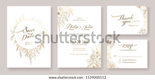 Gold Wedding Invitation, save the\
date, thank you, rsvp card Design template. Vector. winter flower,\
Rose, silver dollar, olive leaves, Wax flower,\
Anemone.