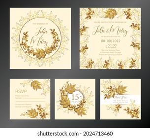 Gold wedding invitation. Set of templates for wedding cards, table number, rsvp, thank you, gratitude. Emblem wreath of gold leaves on a delicate background of twigs. Large elegant and luxurious set.