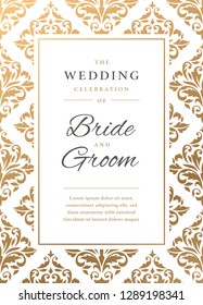 gold wedding invitation template with vintage floral pattern