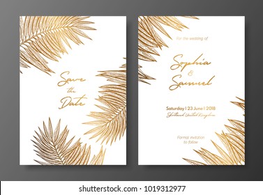 Convite de casamento em ouro com folhas tropicais. Elementos vetoriais para modelo de design. Folhas tropicais de ouro para cartões, convites de casamento, salvar a data, design de saudação, cartões de agradecimento, folhetos, banners.