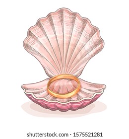 Gold wedding ring in an opened seashell, hand drawn vector illustration, sketch