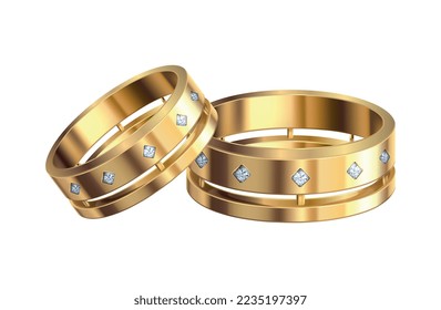 Composición de anillos de boda de oro con metal noble aislado realista con diamantes y ilustración vectorial de joyas