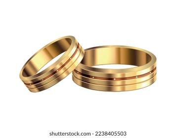 Gold wedding rings composition with realistic isolated noble metal with diamonds and jewelry vector illustration