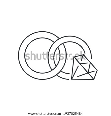 Gold wedding rings with a diamond linear icon. Engagement ceremony. Thin line customizable illustration. Contour symbol. Vector isolated outline drawing. Editable stroke