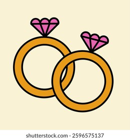 Gold wedding rings with a diamond set on top illustration. Ideal for use in design projects like wedding invitations, greeting cards, or luxury branding.