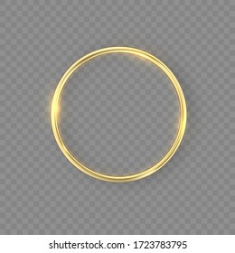 Gold wedding rings with glowing lights and gold sparkles on transparent background. Golden metal ring with lighting effect and reflection. Beautiful for women. Vector illustration, eps 10.