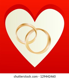 Gold wedding rings with heart shaped card vector background