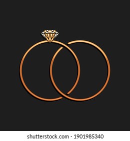 Gold Wedding rings icon isolated on black background. Bride and groom jewelery sign. Marriage icon. Diamond ring. Long shadow style. Vector.