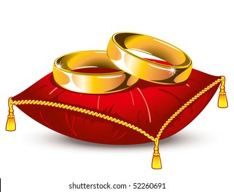 Gold Wedding Rings On Red Satin Pillow With Tassels, Vector