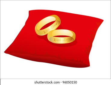 Gold Wedding Rings On Red Satin Pillow, Vector