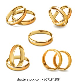 Gold Wedding Rings Pair Vector 3D Realistic Icons Set