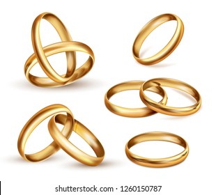 Gold wedding rings set, ceremony gift symbol. Wedding band, finger ring indicates wearer is married. Vector realistic illustration isolated on white background