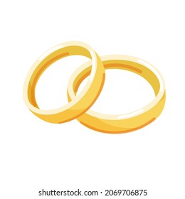 Gold wedding rings. Vector isolated on white background. Cartoon style. Symbol of marriage, engagement.