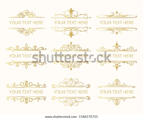 Gold\
wedding templates. Set of golden vintage design collection of\
frames. Vector isolated ornate royal borders. \
