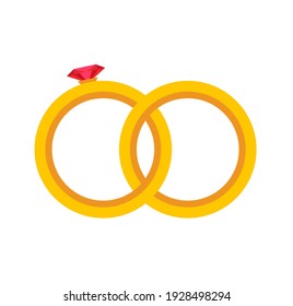 Gold wedding two rings vector isolated flat cartoon icon, golden circle round bridal or engagement ring with diamond, just married symbol clipart modern design