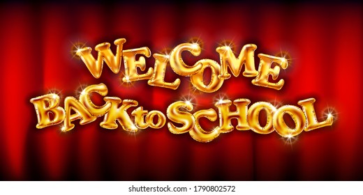 gold Welcome back to school red background golden flying balloons. elegant design - vector illustration of gold logo - perfect typography art