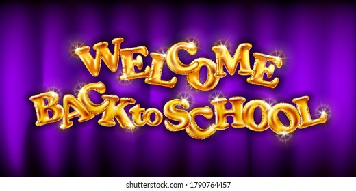 gold Welcome back to school violet background golden flying balloons. elegant design - vector illustration of gold logo - perfect typography