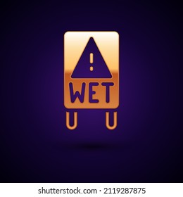 Gold Wet Floor And Cleaning In Progress Icon Isolated On Black Background. Cleaning Service Concept.  Vector