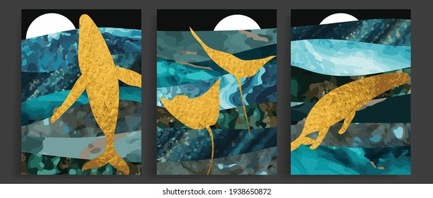 Gold whale abstract art background vector. Green marble wallpaper design for wall art and home decor, arts for prints.