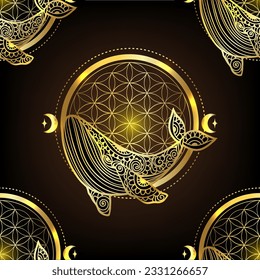 Mandala de ballena dorada. Ilustración vectorial. Página de coloreado para adultos. Buey de mar de ballena al estilo Zen boho. Mar pacífico. espiritual, flor de vida