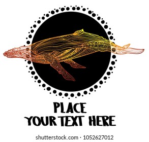 Gold whale. Meditative coloring of antistress. Arrows, strips, scales, lines. Logo, print on the shirt. Background for text