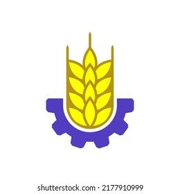 Gold wheat logo design with cogwheel. Vector illustration and emblem on white background. Isolated drawing.