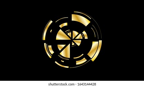 Gold wheel. Simple drawing with slices, triangles, lines arranged in a circle to create footages, layouts, logos, screensavers in a dynamic style. Vector graphics. Graphic element. Design template.