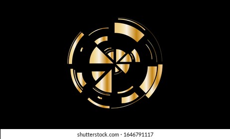 Gold wheel. Simple drawing with slices, triangles, lines arranged in a circle to create footages, layouts, logos, screensavers in a dynamic style. Vector graphics. Graphic element. Design template.