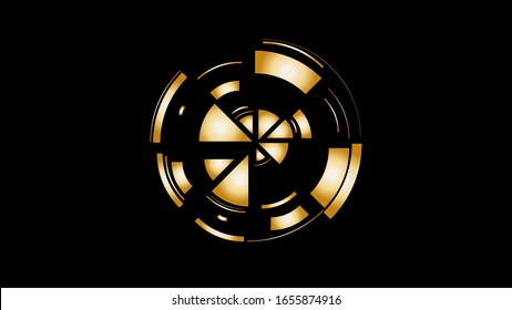 Gold wheel. Simple drawing with slices, triangles, lines arranged in a circle to create footages, layouts, logos, screensavers in a dynamic style. Vector graphics. Graphic element. Design template.