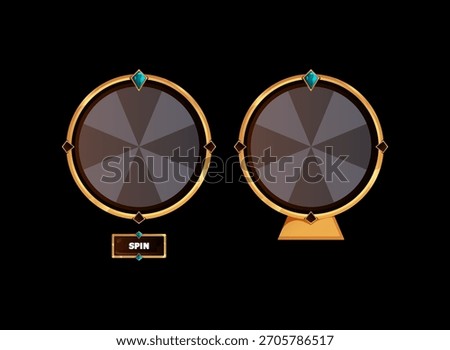 gold wheel spin fantasy ui element with gem pointer and spin button, 8 segment reward wheel for rpg game interface, glossy gold frame spinner ui asset on black background