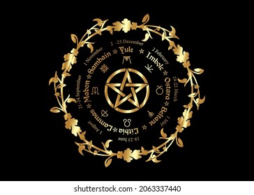 gold wheel of the Year is an annual cycle of seasonal festivals. Wiccan calendar and holidays. Compass with pentagram, flowers, leaves pagan symbol, names in Celtic of the Solstices, vector isolated