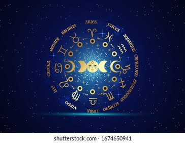 gold wheel of the zodiac signs and triple moon, pagan Wiccan goddess symbol, sun system, moon phases, orbits of planets, energy circle. Vector isolated on starry blue galaxy background