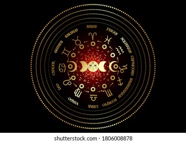 Rueda de oro de las señales zodiac y triple luna, símbolo de la diosa pagana Wiccan, sistema solar, fases lunares, órbitas de planetas, círculo energético. Vector redondo aislado en fondo de galaxia roja y negra