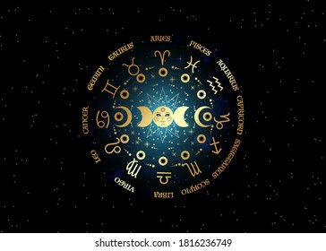 Gold wheel of the zodiac signs and triple moon, pagan Wiccan goddess symbol, sun system, moon phases, orbits of planets, energy circle. Vector isolated on starry black galaxy background