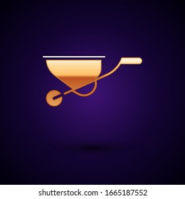 Gold Wheelbarrow icon isolated on black background. Tool equipment. Agriculture cart wheel farm.  Vector Illustration