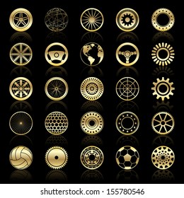 Gold wheels, gears, auto steering wheels, circular elements, abstract sphere