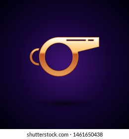 Gold Whistle icon isolated on dark blue background. Referee symbol. Fitness and sport sign.  Vector Illustration