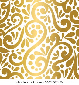 Gold and white abstract seamless pattern. Vintage vector ornament template. Paisley elements. Great for fabric, invitation, background, wallpaper, decoration, packaging or any desired idea.