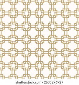 Gold and white abstract vector seamless pattern. Simple geometric ornamental texture with intersecting lines, grid, mesh, lattice, net. Ornament background in asian style. Golden repeated geo design