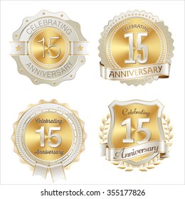 Gold and White Anniversary Badge 15th Years Celebrating.