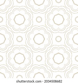 Gold and white background. Flower pattern. Seamless ornament with beads and droplets. Luxury symmetrical backdrop. Abstract floral mandala tile