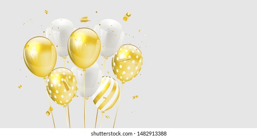 Gold white balloons, confetti concept design template holiday Happy Day, background Celebration Vector illustration.