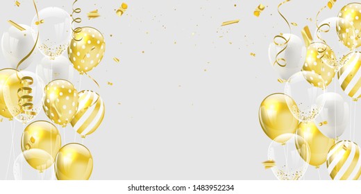 Gold white balloons, confetti concept design template holiday Happy Day, background Celebration Vector illustration.