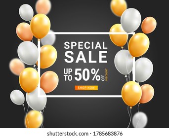 Gold and white balloons with frame vector illustrations.