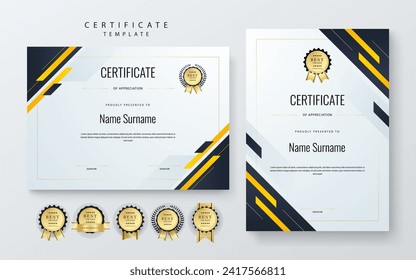 Gold white and black certificate of appreciation border template with luxury badge and modern line and shapes