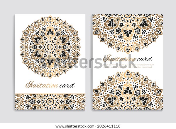 Gold, white and black invitation card design\
with vector mandala pattern. Vintage ornament template. Can be used\
for background and wallpaper. Elegant and classic vector elements\
great for decoration.